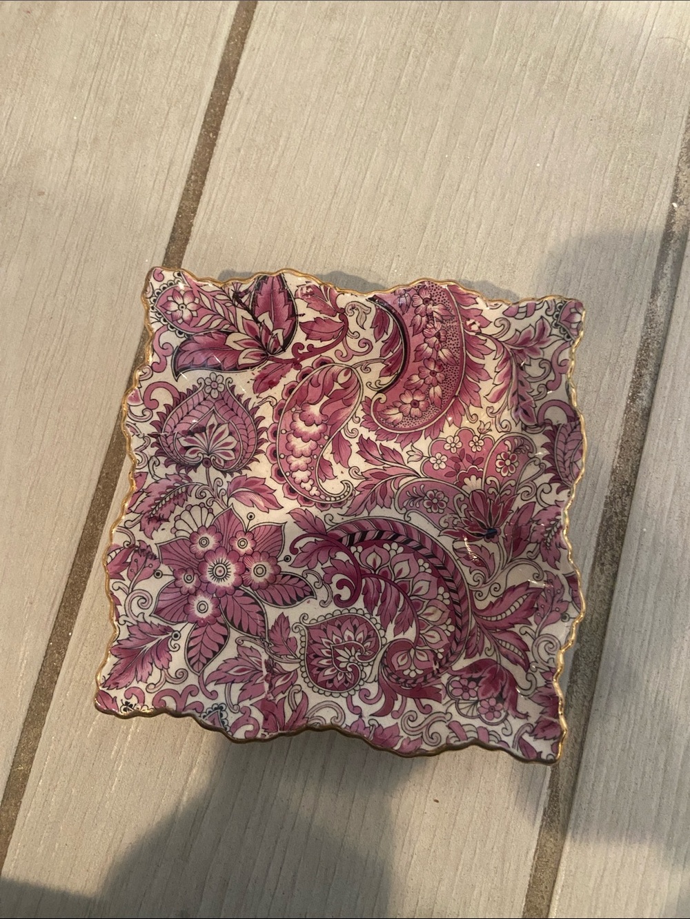 Ornate Pink Paisley Square Trinket Dish with Gold Trim